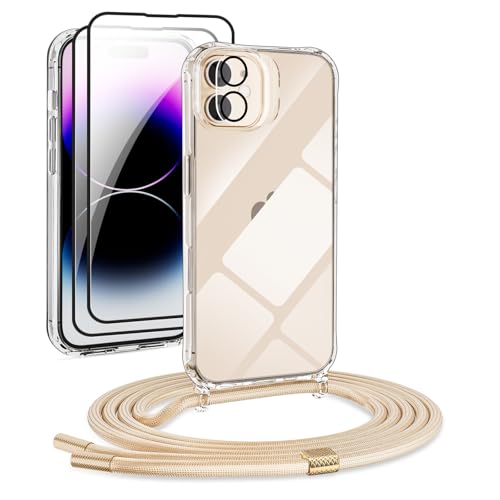[5 in 1] 1*Handykette Set für iPhone 12 Mini Hülle mit Band + 1*Transparent Schutzhülle+2*Schutzfolie+1*kameraschutz Glas, Abnehmbar Necklace Stylische Handyhülle zum Umhängen Kordel Case (Gold) von DiDaDi