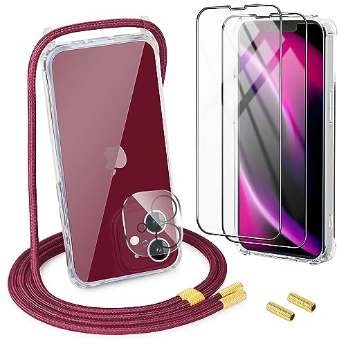 [5 in 1] 1*Handykette Set für iPhone 12 Mini Hülle mit Band + 1*Transparent Schutzhülle+2*Schutzfolie+1*kameraschutz Glas, Abnehmbar Necklace Stylische Handyhülle zum Umhängen Kordel Case (Rot) von DiDaDi