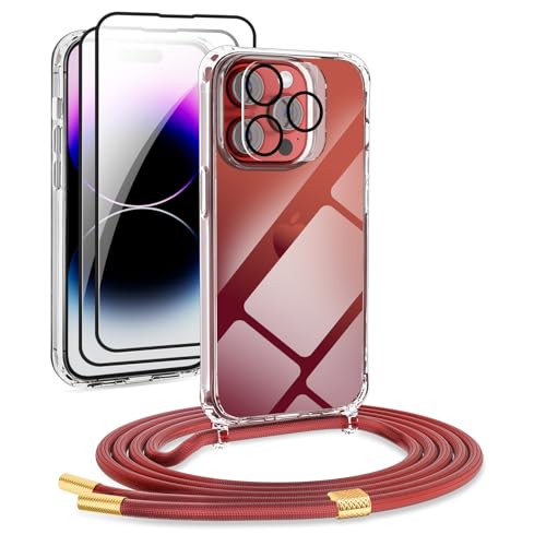 [5 in 1] 1*Handykette Set für iPhone 13 Pro 6.1 Hülle mit Band + 1*Transparent Schutzhülle+2*Schutzfolie+1*kameraschutz Glas, Abnehmbar Necklace Stylische Handyhülle zum Umhängen Kordel Case (Rot) von DiDaDi
