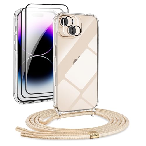 [5 in 1]1*Handykette Set für iPhone 14 Plus Hülle mit Band + 1*Transparent Schutzhülle+2*Schutzfolie+1*kameraschutz Glas, Abnehmbar Necklace Stylische Handyhülle zum Umhängen Kordel Case (Gold) von DiDaDi