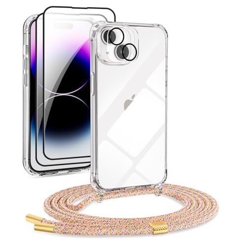 [5 in 1]1*Handykette Set für iPhone 14 Plus Hülle mit Band + 1*Transparent Schutzhülle+2*Schutzfolie+1*kameraschutz Glas, Abnehmbar Necklace Stylische Handyhülle zum Umhängen Kordel Case (Rainbow) von DiDaDi
