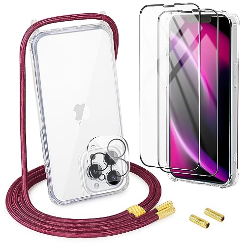 [5 in 1] 1*Handykette Set für iPhone 14 Pro Max Hülle mit Band + 1*Transparent Schutzhülle+2*Schutzfolie+1*kameraschutz Glas, Abnehmbar Necklace Stylische Handyhülle zum Umhängen Kordel Case (Rot) von DiDaDi