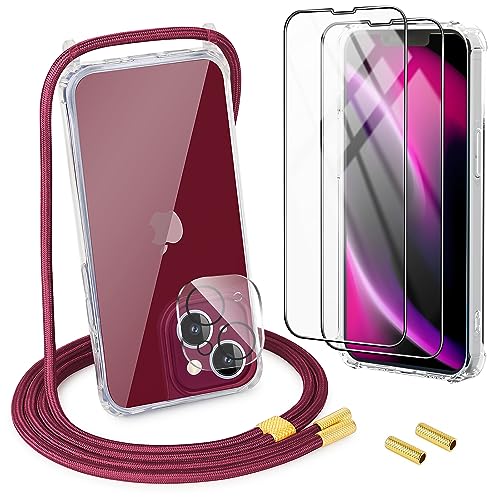 DiDaDi [5 in 1] 1*Handykette Set für iPhone 14 Hülle mit Band + 1*Transparent Schutzhülle+2*Schutzfolie+1*kameraschutz Glas, Abnehmbar Necklace Stylische Handyhülle zum Umhängen Kordel Case (Rot) von DiDaDi