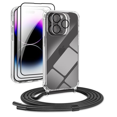 DiDaDi [5 in 1] 1*Handykette Set für iPhone 14 Pro Max Hülle mit Band+Transparent Schutzhülle+Schutzfolie+kameraschutz Glas, Abnehmbar Necklace Stylische Handyhülle zum Umhängen Kordel Case (Schwarz) von DiDaDi