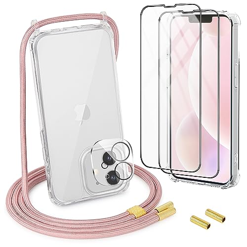 DiDaDi [5 in 1] Handykette Set für iPhone 12 6.1 Hülle mit Band+Transparent Schutzhülle+Schutzfolie+kameraschutz Glas, Abnehmbar Necklace Stylische Handyhülle zum Umhängen Kordel Case (Roségold) von DiDaDi