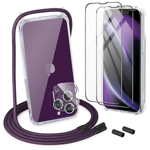 DiDaDi [5 in 1] Handykette Set für iPhone 14 Pro Max Hülle mit Band+Transparent Schutzhülle+Schutzfolie+kameraschutz Glas, Abnehmbar Necklace Stylische Handyhülle zum Umhängen Kordel (Dunkellila) von DiDaDi