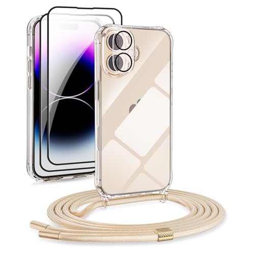 DiDaDi [5 in 1 Handykette Set für iPhone 16 Plus Necklace Hülle mit Bands+Transparent Schutzhülle+2*Schutzfolie+kameraschutz Glas, Schutzhülle zum Umhängen Kordel Case (Gold, iPhone 16 Plus) von DiDaDi