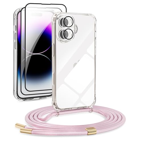 DiDaDi [5 in 1 Handykette Set für iPhone 16 Necklace Hülle mit Bands+Transparent Schutzhülle+2*Schutzfolie+kameraschutz Glas, Schutzhülle zum Umhängen Kordel Case (Roségold, iPhone 16) von DiDaDi