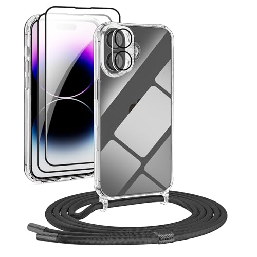 DiDaDi [5 in 1 Handykette Set für iPhone 16 Necklace Hülle mit Bands+Transparent Schutzhülle+2*Schutzfolie+kameraschutz Glas, Schutzhülle zum Umhängen Kordel Case (Schwarz, iPhone 16) von DiDaDi