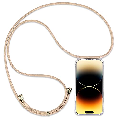 DiDaDi Handykette Kompatibel mit iPhone 14 Pro Hülle mit Band Necklace Handyhülle für Smartphone zum Umhängen Abnehmbar Schutzhülle mit Schnur Transparent Stylische Case (Gold) von DiDaDi