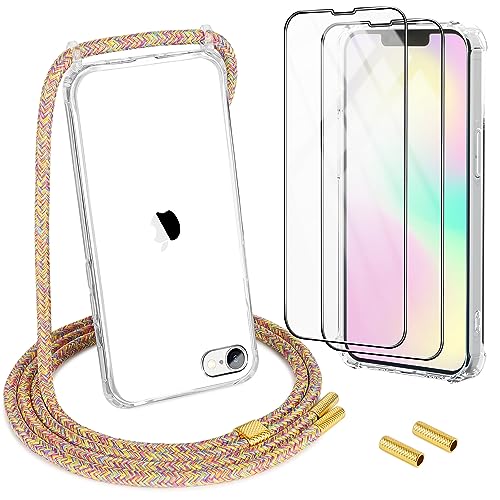 DiDaDi Handykette Kompatibel mit iPhone 7/8, SE 2020 und SE 2022 Hülle mit Band Transparent Schutzhülle mit Schutzfolie, Abnehmbar Necklace Stylische Handyhülle zum Umhängen Kordel Case (Rainbow) von DiDaDi