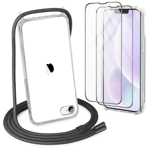DiDaDi Handykette Kompatibel mit iPhone 7/8, SE 2020 und SE 2022 Hülle mit Band Transparent Schutzhülle mit Schutzfolie, Abnehmbar Necklace Stylische Handyhülle zum Umhängen Kordel Case (Schwarz) von DiDaDi