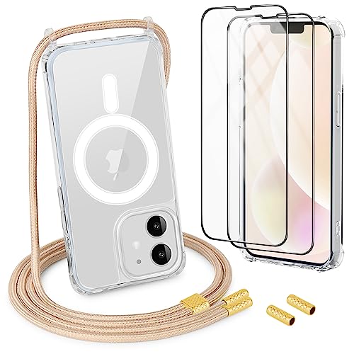 DiDaDi Handykette Magnetisch für iPhone 11 Hülle mit Band [kompatibel mit MagSafe] 2 Stück Schutzfolie Necklace Transparent Handyhülle Case mit Schnur Abnehmbar (Gold) von DiDaDi