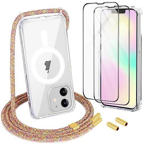 DiDaDi Handykette Magnetisch für iPhone 11 Hülle mit Band [kompatibel mit MagSafe] 2 Stück Schutzfolie Necklace Transparent Handyhülle Case mit Schnur Abnehmbar (Rainbow) von DiDaDi