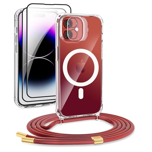 DiDaDi Handykette Magnetisch für iPhone 11 Hülle mit Band [kompatibel mit MagSafe] 2 Stück Schutzfolie Necklace Transparent Handyhülle Case mit Schnur Abnehmbar (Rot) von DiDaDi