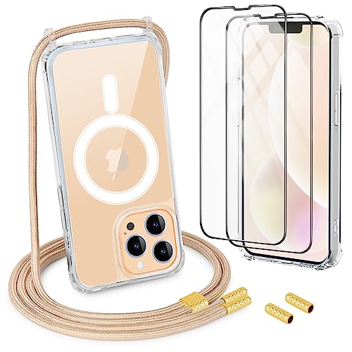 DiDaDi Handykette Magnetisch für iPhone 11 Pro Hülle mit Band [kompatibel mit MagSafe] 2 Stück Schutzfolie Necklace Transparent Handyhülle Case mit Schnur Abnehmbar (Gold) von DiDaDi