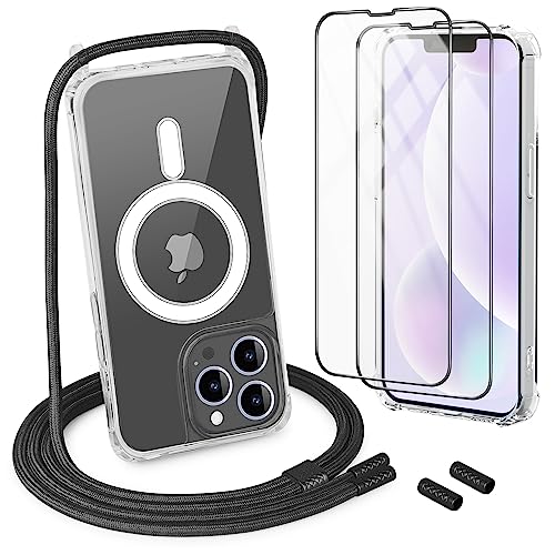 DiDaDi Handykette Magnetisch für iPhone 11 Pro Hülle mit Band [kompatibel mit MagSafe] 2 Stück Schutzfolie Necklace Transparent Handyhülle Case mit Schnur Abnehmbar (Schwarz) von DiDaDi