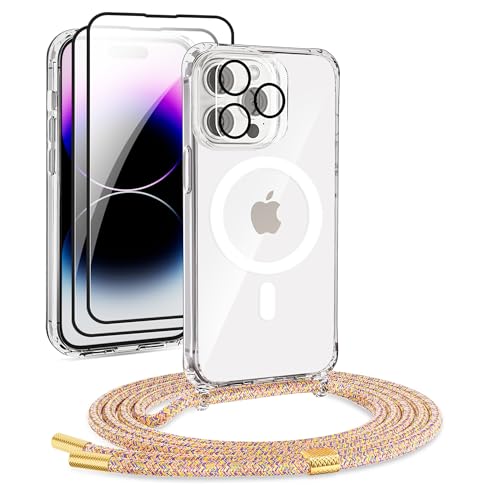 DiDaDi Handykette Magnetisch für iPhone 11 Pro Max Hülle mit Band [kompatibel mit MagSafe] 2 Stück Schutzfolie Necklace Transparent Handyhülle Case mit Schnur Abnehmbar (Rainbow) von DiDaDi