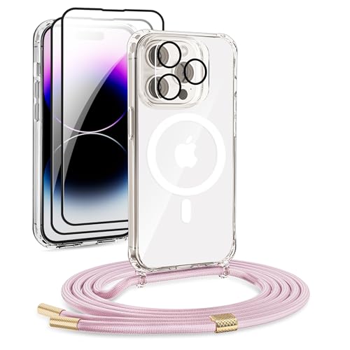 DiDaDi Handykette Magnetisch für iPhone 11 Pro Max Hülle mit Band [kompatibel mit MagSafe] 2 Stück Schutzfolie Necklace Transparent Handyhülle Case mit Schnur Abnehmbar (Roségold) von DiDaDi