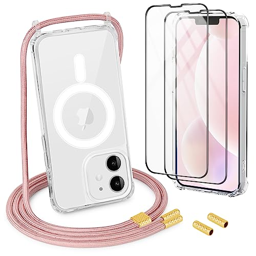 DiDaDi Handykette Magnetisch für iPhone 12 Hülle mit Band [kompatibel mit MagSafe] 2 Stück Schutzfolie Necklace Transparent Handyhülle Case mit Schnur Abnehmbar (Roségold) von DiDaDi