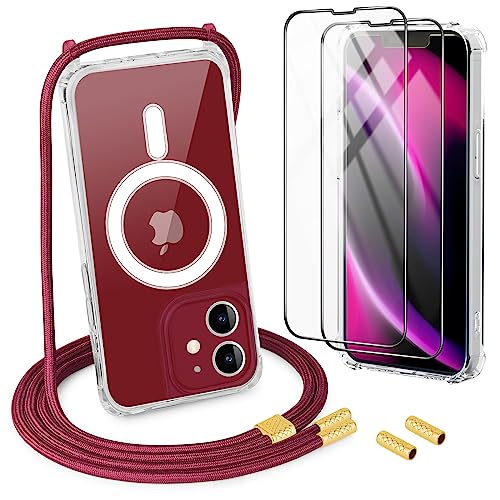 DiDaDi Handykette Magnetisch für iPhone 12 Mini Hülle mit Band [kompatibel mit MagSafe] 2 Stück Schutzfolie Necklace Transparent Handyhülle Case mit Schnur Abnehmbar (Rot) von DiDaDi