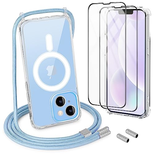 DiDaDi Handykette Magnetisch für iPhone 14 Hülle mit Band [kompatibel mit MagSafe] 2 Stück Schutzfolie Necklace Transparent Handyhülle Case mit Schnur Abnehmbar (Blau) von DiDaDi