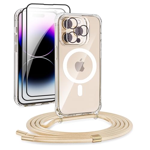 DiDaDi Handykette Magnetisch für iPhone 14 Pro Hülle mit Band [kompatibel mit MagSafe] 2 Stück Schutzfolie Necklace Transparent Handyhülle Case mit Schnur Abnehmbar (Gold) von DiDaDi