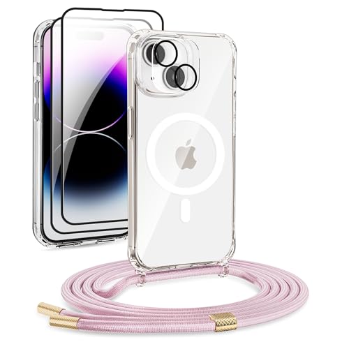 DiDaDi Handykette Magnetisch für iPhone 15 Hülle mit Band [kompatibel mit MagSafe] 2 Stück Schutzfolie Necklace Transparent Handyhülle Case mit Schnur Abnehmbar Roségold von DiDaDi