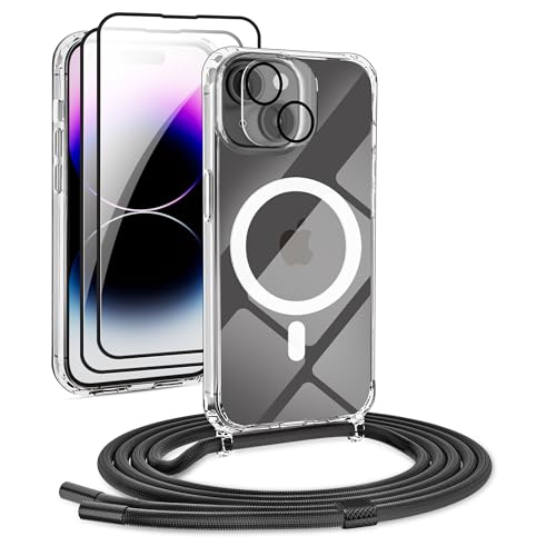 DiDaDi Handykette Magnetisch für iPhone 15 Hülle mit Band [kompatibel mit MagSafe] 2 Stück Schutzfolie Necklace Transparent Handyhülle Case mit Schnur Abnehmbar Schwarz von DiDaDi