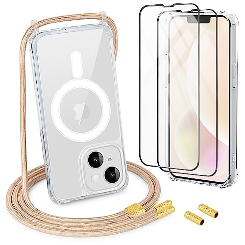 DiDaDi Handykette Magnetisch für iPhone 15 Plus Hülle mit Band [kompatibel mit MagSafe] 2 Stück Schutzfolie Necklace Transparent Handyhülle Case mit Schnur Abnehmbar Gold von DiDaDi