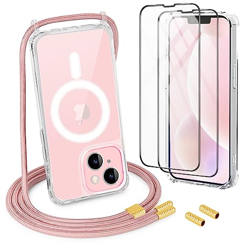 DiDaDi Handykette Magnetisch für iPhone 15 Pro Hülle mit Band [kompatibel mit MagSafe] 2 Stück Schutzfolie Necklace Transparent Handyhülle Case mit Schnur Abnehmbar Roségold von DiDaDi