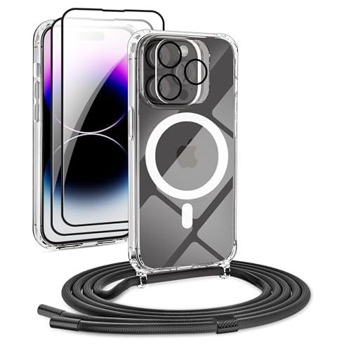 DiDaDi Handykette Magnetisch für iPhone 15 Pro Max Hülle mit Band [kompatibel mit MagSafe] 2 Stück Schutzfolie Necklace Transparent Handyhülle Case mit Schnur Abnehmbar Schwarz von DiDaDi