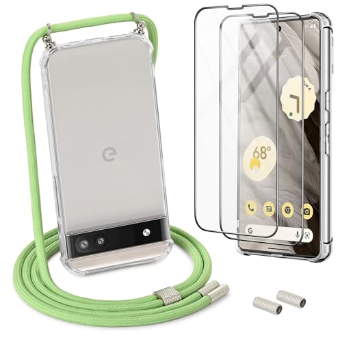 DiDaDi Handykette für Google Pixel 6a Hülle mit Band mit 2*Schutzfolie, Abnehmbar Necklace Stylische Handyhülle zum Umhängen Kordel Case (Grün) von DiDaDi