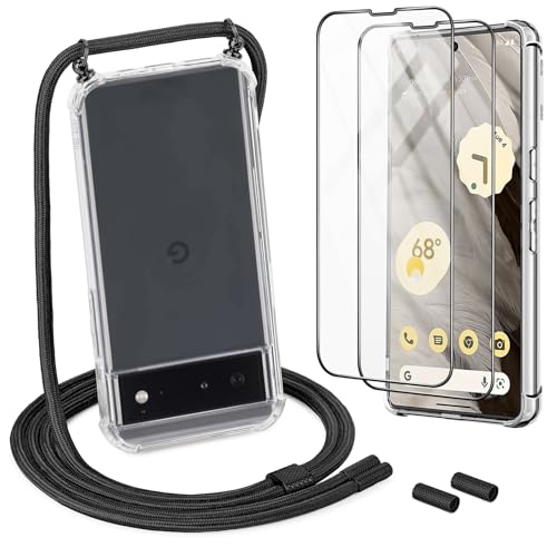 DiDaDi Handykette für Google Pixel 6a Hülle mit Band mit 2*Schutzfolie, Abnehmbar Necklace Stylische Handyhülle zum Umhängen Kordel Case (Schwarz) von DiDaDi