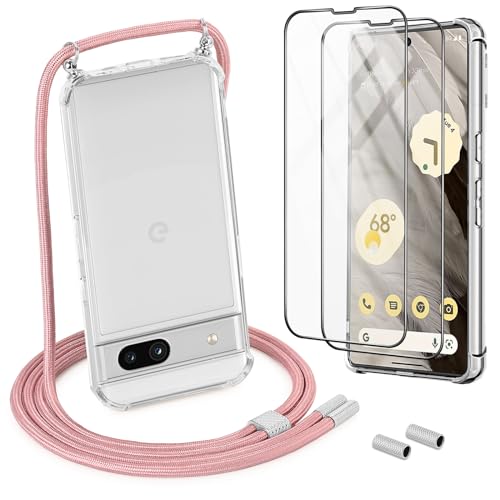 DiDaDi Handykette für Google Pixel 7A Hülle mit Band mit 2*Schutzfolie, Abnehmbar Necklace Stylische Handyhülle zum Umhängen Kordel Case (Roségold) von DiDaDi