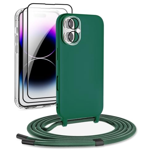 DiDaDi Handykette für iPhone 16 Plus, Handykette Kompatibel mit iPhone Hülle mit Band Handyhülle für Smartphone zum Umhängen Schutzhülle mit Kordel Silikon Case (Dunkelgrün, iPhone 16 Plus) von DiDaDi