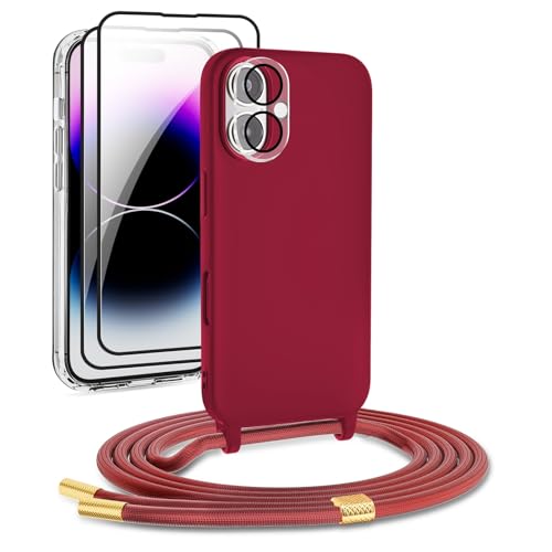 DiDaDi Handykette für iPhone 16, Handykette Kompatibel mit iPhone Hülle mit Band Handyhülle für Smartphone zum Umhängen Schutzhülle mit Kordel Silikon Case (Rot, iPhone 16) von DiDaDi