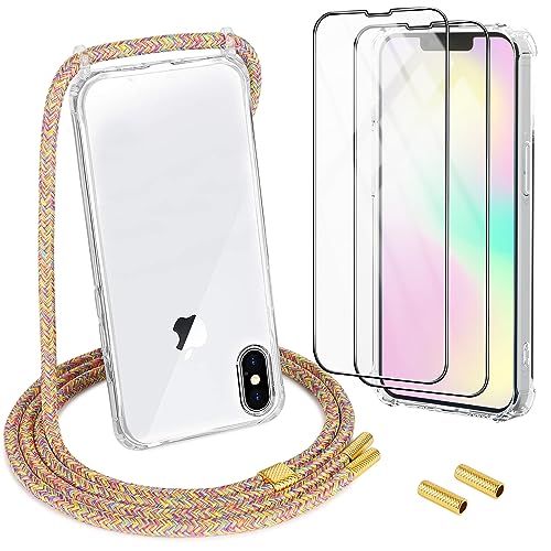 DiDaDi Handykette für iPhone X/Xs Hülle mit Band 1*Transparent Schutzhülle mit 2*Schutzfolie, Abnehmbar Necklace Stylische Handyhülle zum Umhängen Kordel Case (Rainbow) von DiDaDi