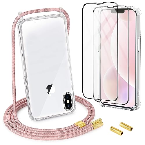 DiDaDi Handykette für iPhone X/Xs Hülle mit Band 1*Transparent Schutzhülle mit 2*Schutzfolie, Abnehmbar Necklace Stylische Handyhülle zum Umhängen Kordel Case (Roségold) von DiDaDi