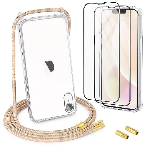 DiDaDi Handykette für iPhone XR Hülle mit Band 1*Transparent Schutzhülle mit 2*Schutzfolie, Abnehmbar Necklace Stylische Handyhülle zum Umhängen Kordel Case (Gold) von DiDaDi