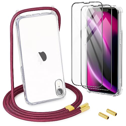 DiDaDi Handykette für iPhone XR Hülle mit Band 1*Transparent Schutzhülle mit 2*Schutzfolie, Abnehmbar Necklace Stylische Handyhülle zum Umhängen Kordel Case (Rot) von DiDaDi