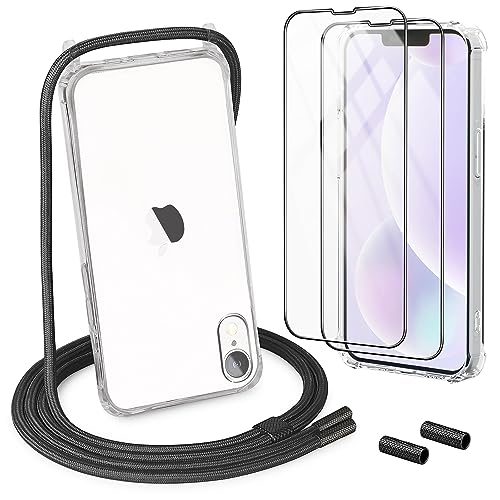 DiDaDi Handykette für iPhone XR Hülle mit Band 1*Transparent Schutzhülle mit 2*Schutzfolie, Abnehmbar Necklace Stylische Handyhülle zum Umhängen Kordel Case (Schwarz) von DiDaDi