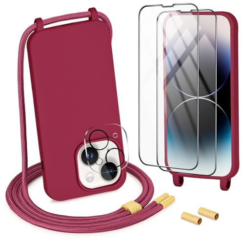 DiDaDi Handykette kompatibel mit iPhone 14 Hülle,Necklace Hülle mit Band Handyhülle für zum Umhängen Silikon Case mit Schnur Schutzfolie und Kameraschutz in Rot von DiDaDi