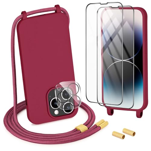 DiDaDi Handykette kompatibel mit iPhone 15 Pro Max Hülle,Necklace Hülle mit Band Handyhülle für zum Umhängen Silikon Case mit Schnur Schutzfolie und Kameraschutz in Rot von DiDaDi