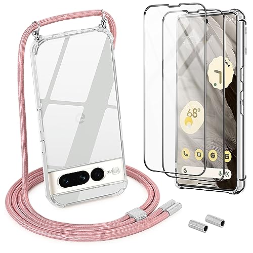 Handykette für Google 7 Pro Hülle mit Band mit 2*Schutzfolie, Abnehmbar Necklace Stylische Handyhülle zum Umhängen Kordel Case(Roségold) von DiDaDi