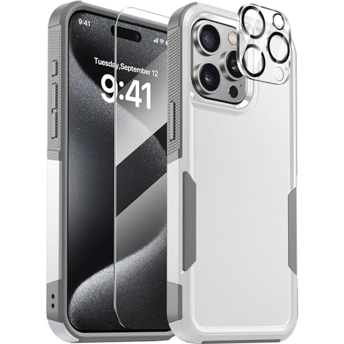 Diaclara für iPhone 15 Pro Hülle, mit 9H gehärtetem Glas Bildschirmschutz und Kameraobjektivschutz [Militärische Fallschutzklasse] Hochbelastbare, stoßfeste Handyhülle, Weiß von Diaclara