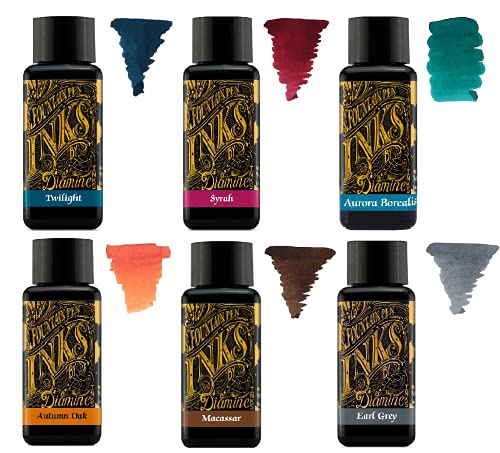 Diamine Füllfederhalter-Tinte, 30 ml, Farbrad, 6 x Flaschen, Herbsteiche, Syrah, Macassar, Earl Grey, Aurora Borealis, Twilight von Diamine