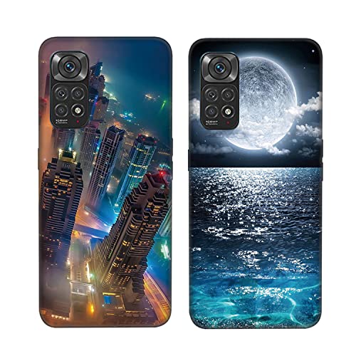 DiaryTown 2 Pack Hülle für Xiaomi Redmi Note 11 4G Liquid Silikon Handyhülle Motiv Schutzhülle Ultra Dünn TPU Bumper Rundumschutz Schwarz Case für Cover Xiaomi Redmi Note 11S 4G - Nachtstadt & Mondsee von DiaryTown