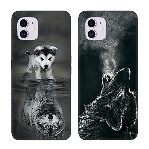 DiaryTown 2 Pack Hülle für iPhone 11 Liquid Silikon Handyhülle mit Motiv Schutzhülle Ultra Dünn TPU Bumper Rundumschutz Schwarz Case für Cover iPhone 11 - Hund & Wolf von DiaryTown