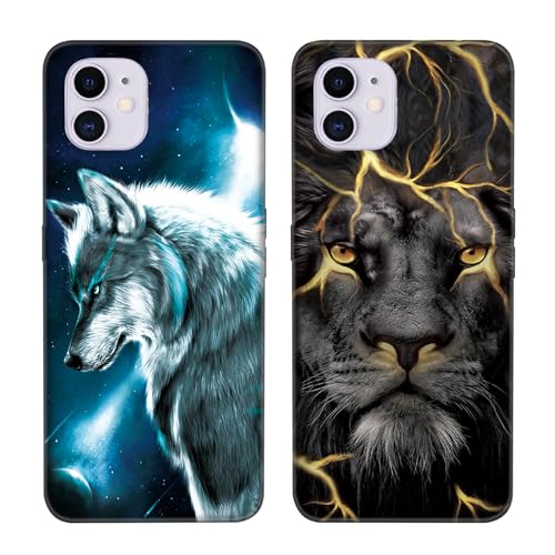 DiaryTown 2 Pack Hülle für iPhone 11 Liquid Silikon Handyhülle mit Motiv Schutzhülle Ultra Dünn TPU Bumper Rundumschutz Schwarz Case für Cover iPhone 11 - Wolf & Goldener Löwe von DiaryTown